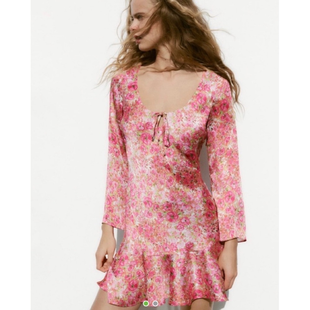 Zara Floral Print Pink Mini Dress with Ruffle‎ Hem Size XL
